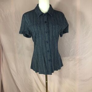 Short Sleeve Button-Up Shirt - Dark Blue Striped Size Large